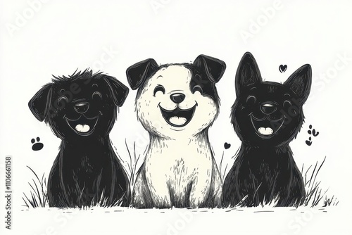 joyful dogs illustrated in a playful, minimalistic style, ink line art on white background. the composition features cute expressions and whimsical poses, capturing the essence of happiness photo