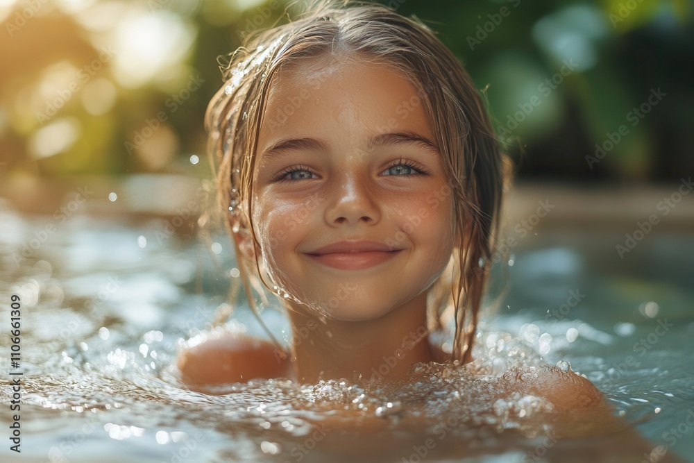 joyful young girl splashing in a sparkling pool under the radiant sun, surrounded by lush greenery, epitomizing a vibrant, healthy lifestyle filled with happiness and energy joyful young girl splashing in a sparkling pool under the radiant sun, surrounded by lush greenery, epitomizing a vibrant, healthy lifestyle filled with happiness and energy