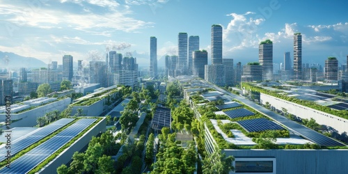 A vibrant, futuristic cityscape with greenery integrated into architecture and urban planning.