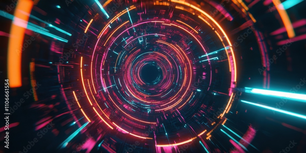 A colorful, neon-lit, spiral-shaped tunnel with a black center A colorful, neon-lit, spiral-shaped tunnel with a black center