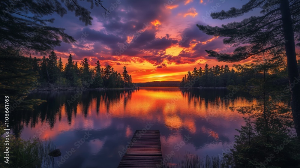 A vibrant sunset over a tranquil lake, framed by pines, invites you to enjoy nature's beauty. A vibrant sunset over a tranquil lake, framed by pines, invites you to enjoy nature's beauty.