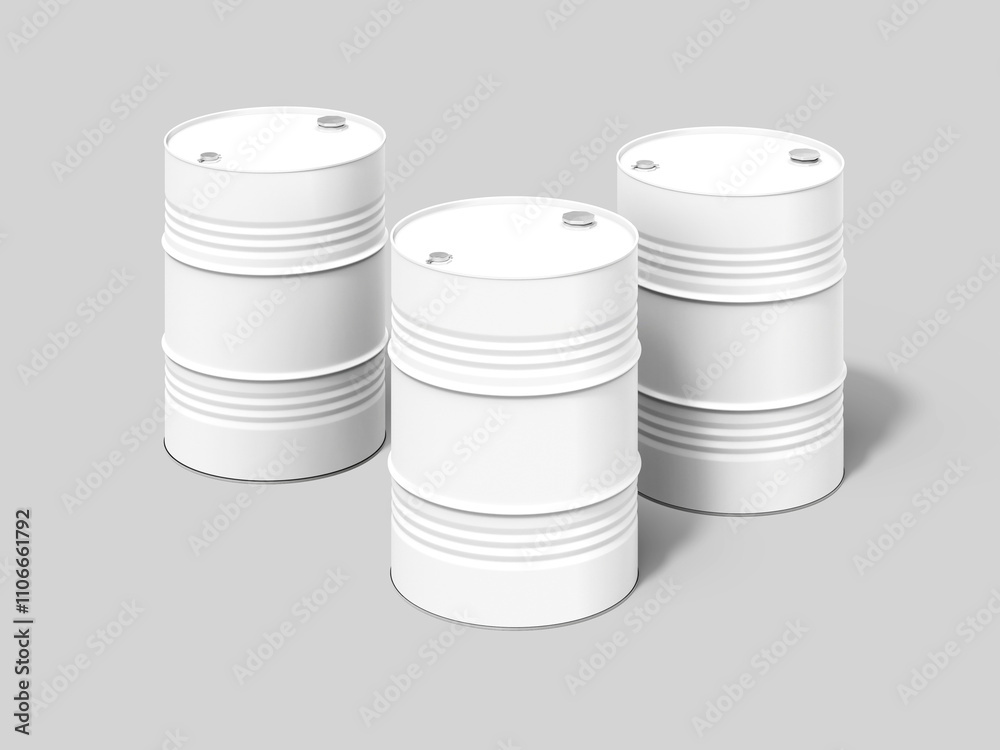Front View of White Three Oil Barrels isolated 3D Mockup Front View of White Three Oil Barrels isolated 3D Mockup