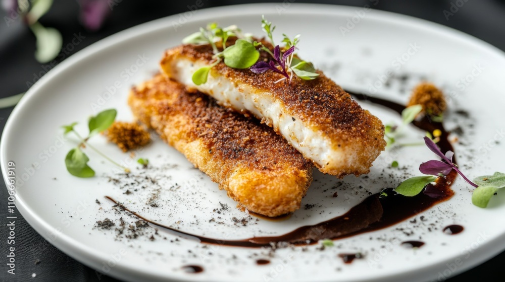Crispy Fried Fish Fillets with Microgreens and Garnish on Plate Crispy Fried Fish Fillets with Microgreens and Garnish on Plate
