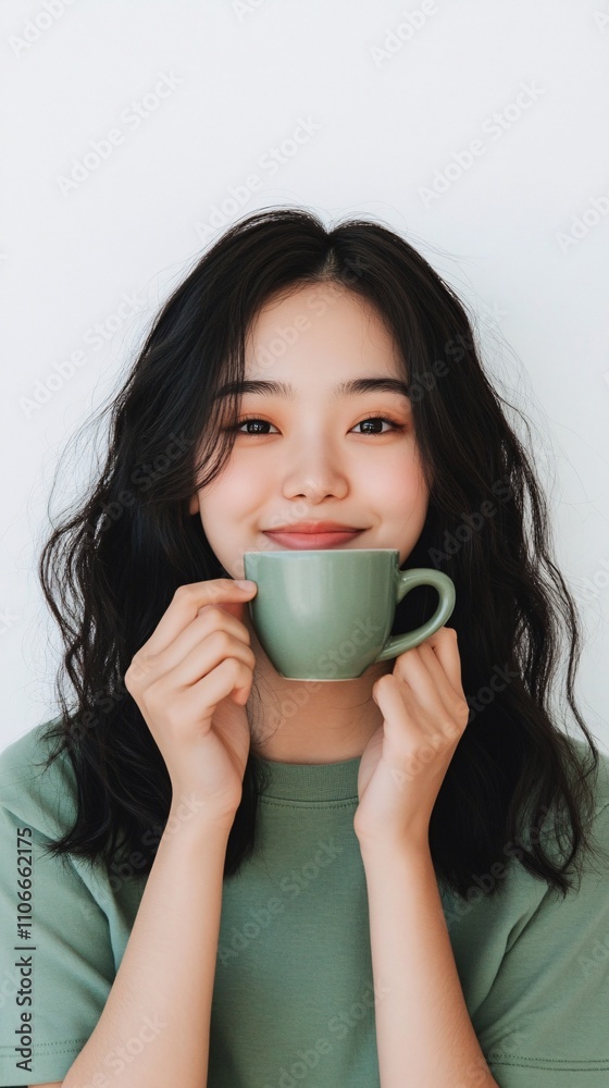 girl sipping cup of coffee, asian, summer, energetic, smiling, happy, close up, white background, realistic, 35mm, girl sipping cup of coffee, asian, summer, energetic, smiling, happy, close up, white background, realistic, 35mm,