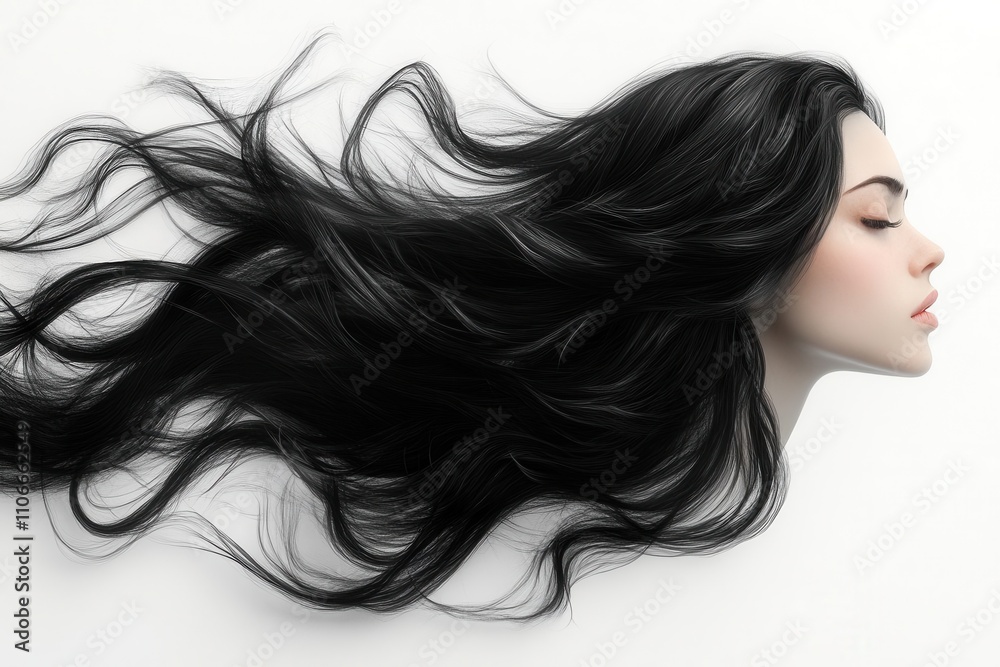 long windblown wavy hair captured in a 3d illustration against a clean white background, showcasing texture and movement in a striking and artistic manner long windblown wavy hair captured in a 3d illustration against a clean white background, showcasing texture and movement in a striking and artistic manner