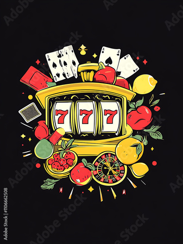 Colorful slot machine design with fruits, cards, and dice. Perfect for gaming enthusiasts and T shirt lovers. This vibrant illustration captures excitement of casino atmosphere