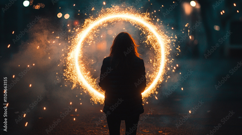 Obraz premium Person creates sparkler circle at night in a vibrant urban setting