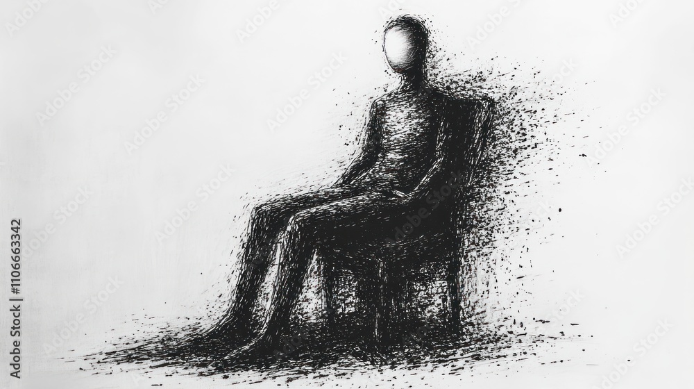 Fototapeta premium A minimalist figure made of ink-like strokes, sitting on a chair, conveying solitude.
