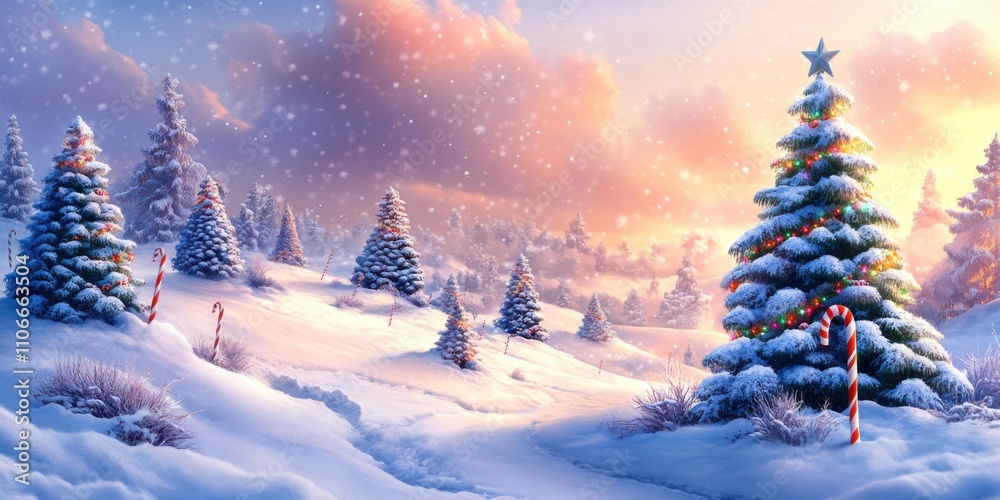 Snowy hills with Christmas trees and candy cane decorations Snowy hills with Christmas trees and candy cane decorations