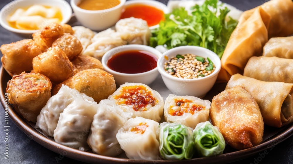 A platter of assorted dim sum including steamed dumplings, siu mai, and barbecue pork buns A platter of assorted dim sum including steamed dumplings, siu mai, and barbecue pork buns