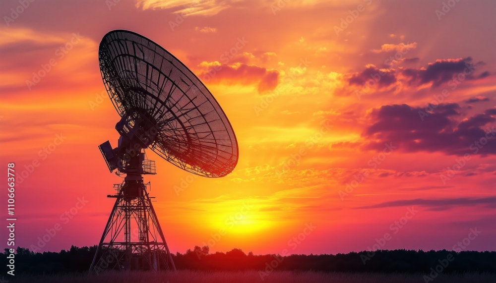 Silhouette Of Countryside Area At Sunrise Enhanced By Telecommunications Tower And Satellite Dish In Telecom Network. Silhouette Of Countryside Area At Sunrise Enhanced By Telecommunications Tower And Satellite Dish In Telecom Network.