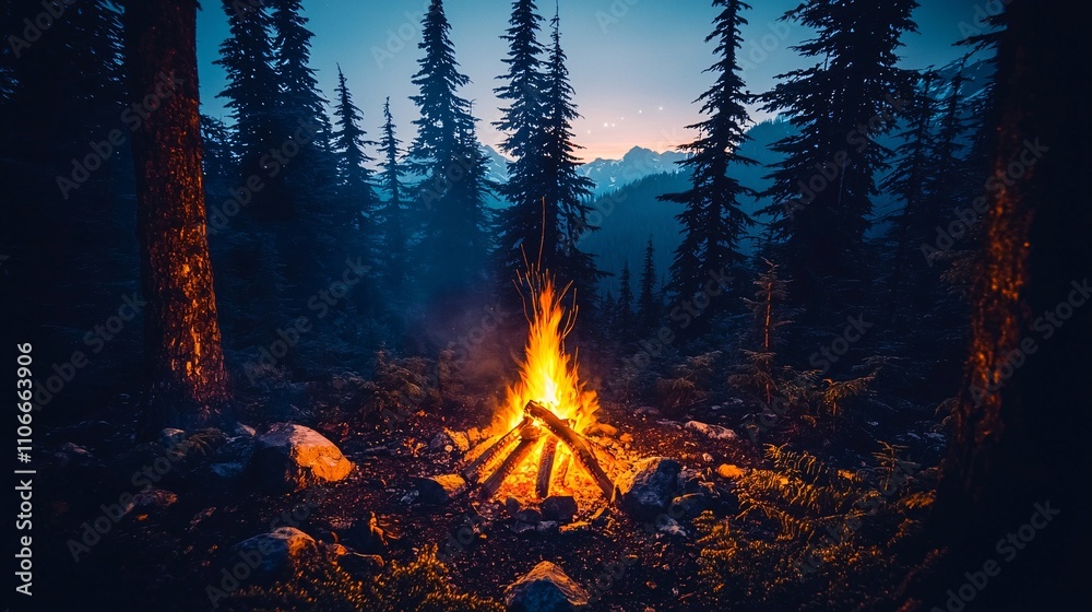 Tranquil Campfire Glowing Amidst Tall Pine Trees at Dusk Tranquil Campfire Glowing Amidst Tall Pine Trees at Dusk