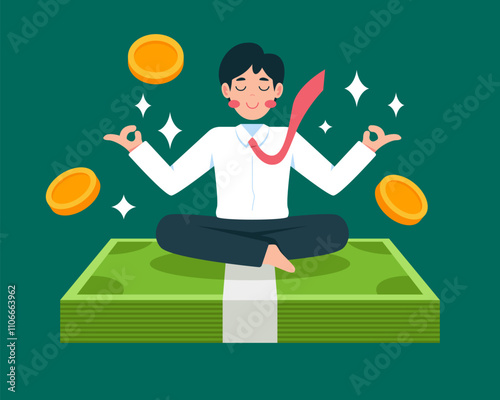 Businessman Meditating on a Pile of Money: A flat-style illustration of a businessman meditating on a stack of money while surrounded by coins. The illustration conveys financial stability, wealth.