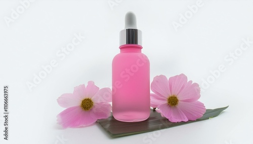 Pink dropper bottle product packaging for beauty and skincare on isolated white background