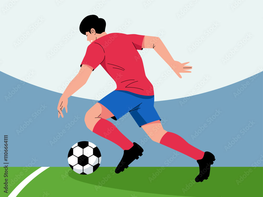 Soccer Player in Action: A dynamic illustration of a soccer player in a red and blue jersey dribbling the ball on a green field, capturing the energy and intensity of the sport. Soccer Player in Action: A dynamic illustration of a soccer player in a red and blue jersey dribbling the ball on a green field, capturing the energy and intensity of the sport.