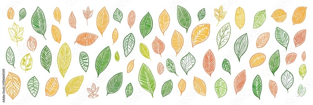 A colorful arrangement of various leaves in shades of green, orange, and yellow. A colorful arrangement of various leaves in shades of green, orange, and yellow.