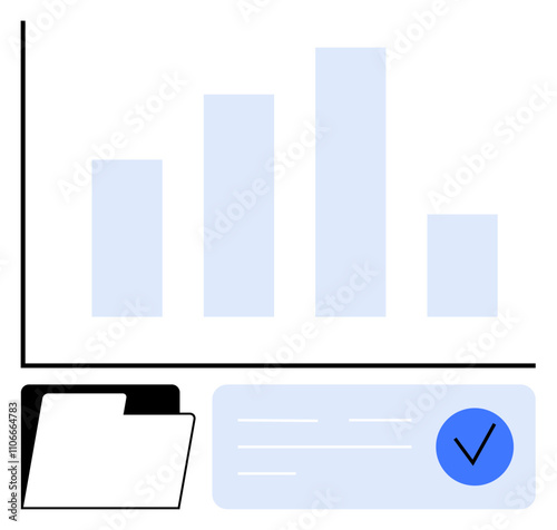 Bar graph comparing four data points with folder and checklist featuring a checkmark. Ideal for data management, business analysis, record-keeping, organization, to-do lists, productivity workflows