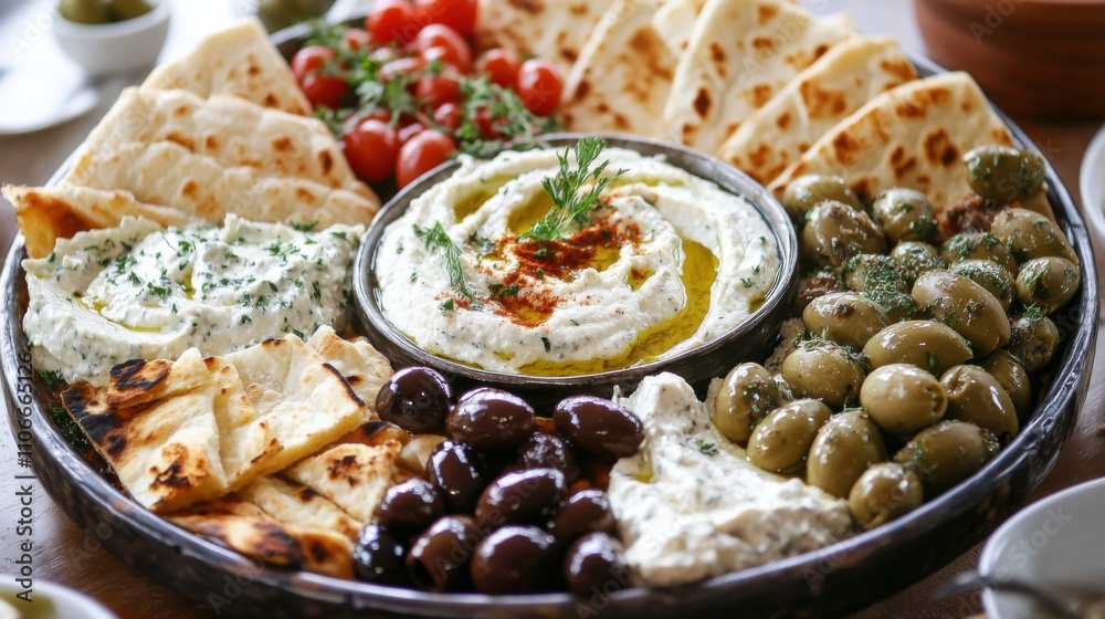 A platter of assorted Greek mezze including tzatziki, hummus, dolmas A platter of assorted Greek mezze including tzatziki, hummus, dolmas