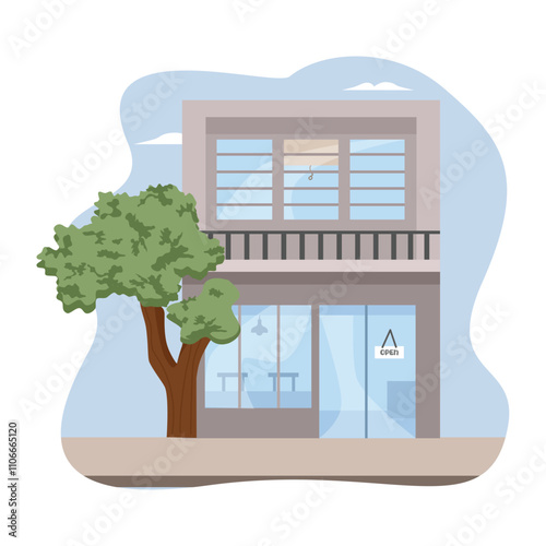 Bookstore building illustration. Restaurant building art. Caffe illustration. 