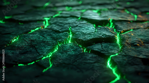Abstract Cracked Earth with Vibrant Green Light, Sci-Fi Neon Glow Texture
