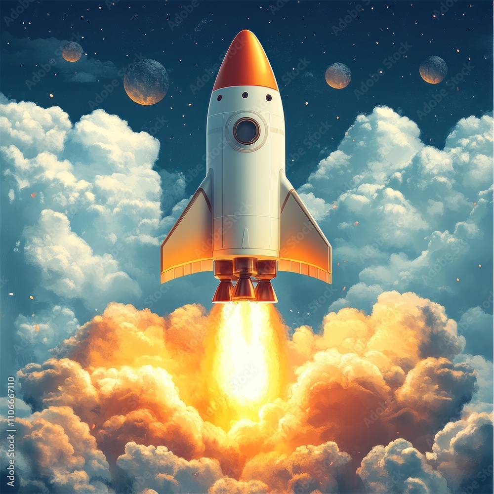 A rocket launching into space, surrounded by clouds and planets, symbolizing exploration.
