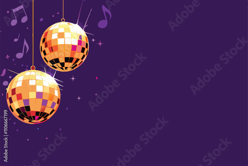 Create a vibrant, psychedelic illustration of funky disco balls and sparkling musical notes against a bold, multicolored background.