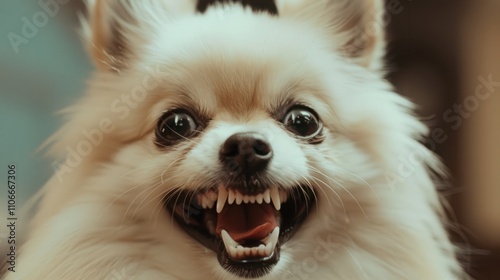 A image of White Pomeranian showing teeth