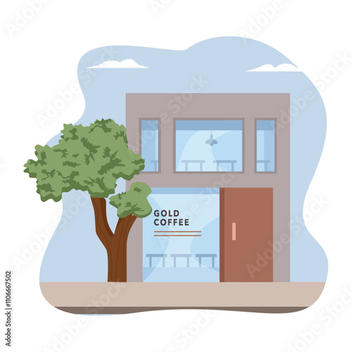 Cafe building illustration. Coffee shop facade. Front door house. Coffee house. 