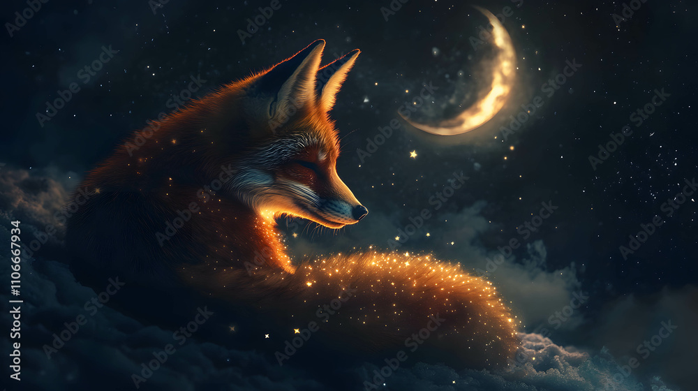 Fototapeta premium Mystical Fox with Glowing Starry Fur Under Crescent Moon