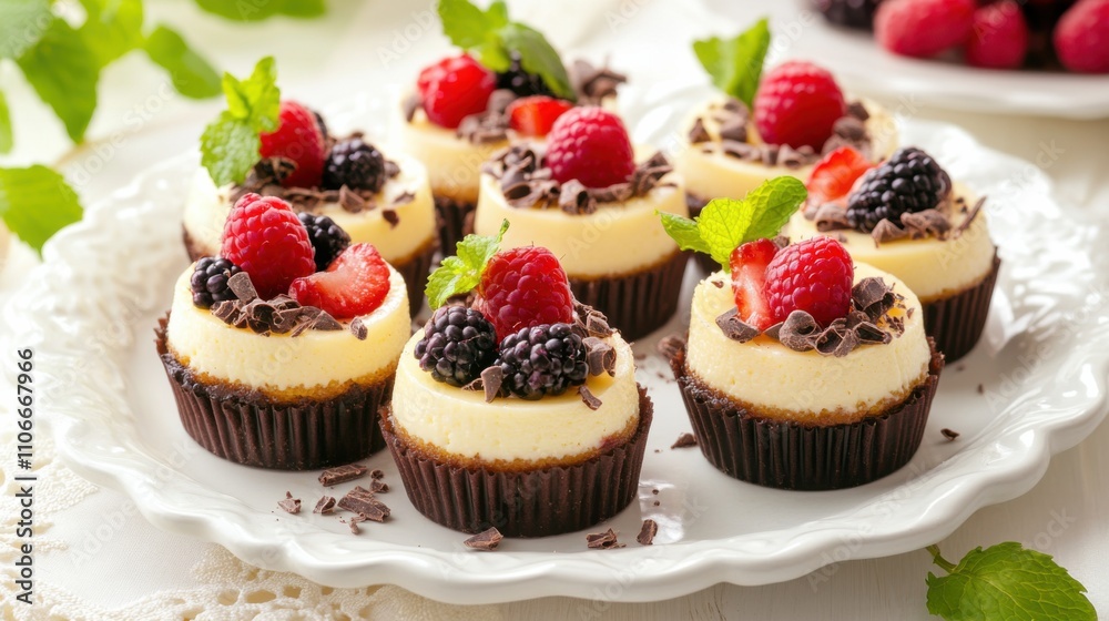 A platter of assorted mini cheesecakes topped with fresh fruit compote and chocolate shavings, Cheesecakes centered, Soft pastel lighting adding a touch of elegance A platter of assorted mini cheesecakes topped with fresh fruit compote and chocolate shavings, Cheesecakes centered, Soft pastel lighting adding a touch of elegance