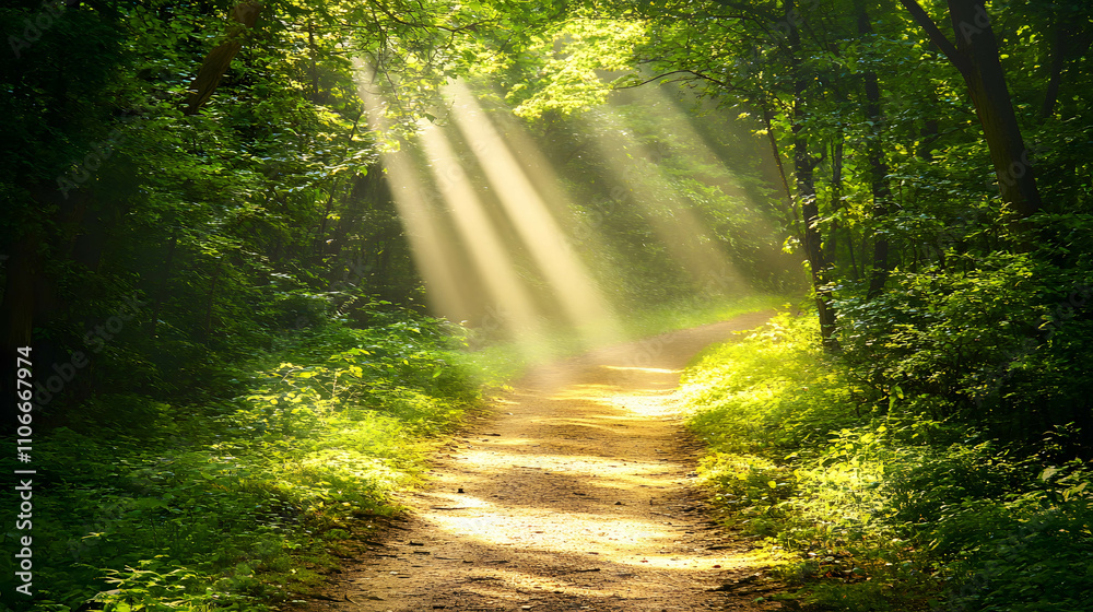 Serene Forest Trail with Sunlight Rays Serene Forest Trail with Sunlight Rays