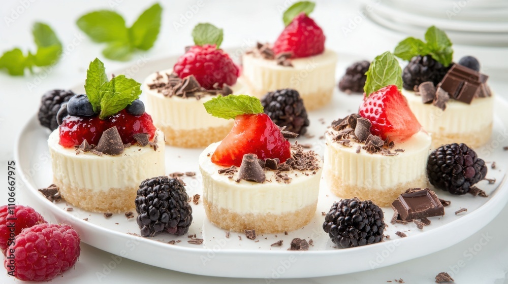 A platter of assorted mini cheesecakes topped with fresh fruit compote and chocolate shavings, Cheesecakes centered, Soft pastel lighting adding a touch of elegance A platter of assorted mini cheesecakes topped with fresh fruit compote and chocolate shavings, Cheesecakes centered, Soft pastel lighting adding a touch of elegance