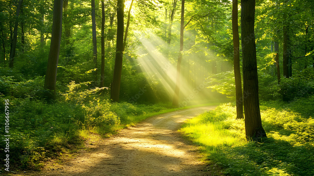 Obraz premium Forest Path Illuminated by Golden Sunbeams