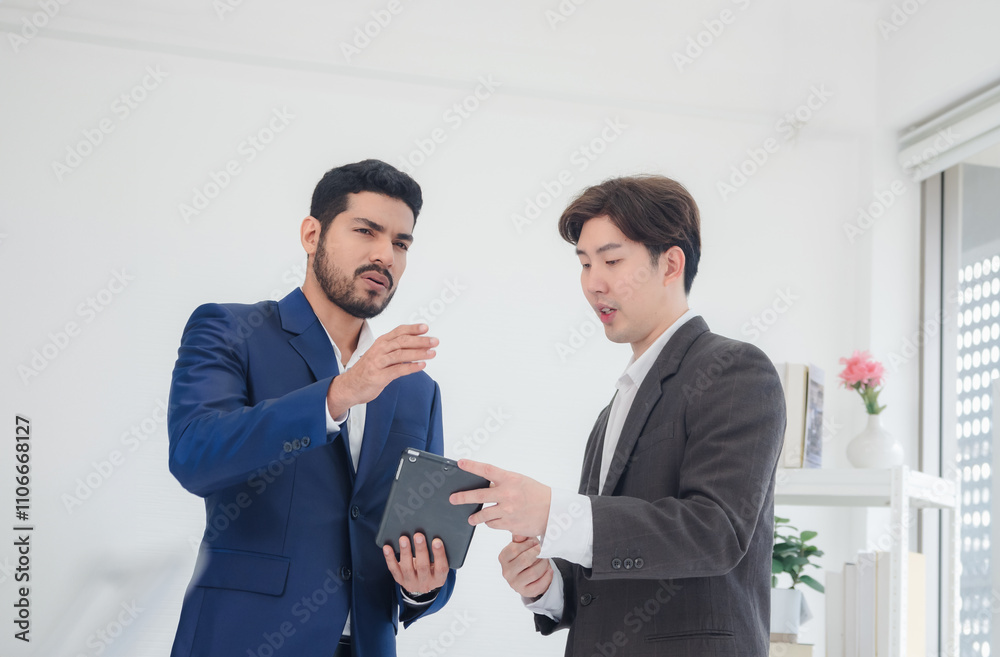Business man asian two person wearing a black suit handsome standing looking success committed hand holding mobile phone and laptop ready for work marketing in room office, with white background Business man asian two person wearing a black suit handsome standing looking success committed hand holding mobile phone and laptop ready for work marketing in room office, with white background