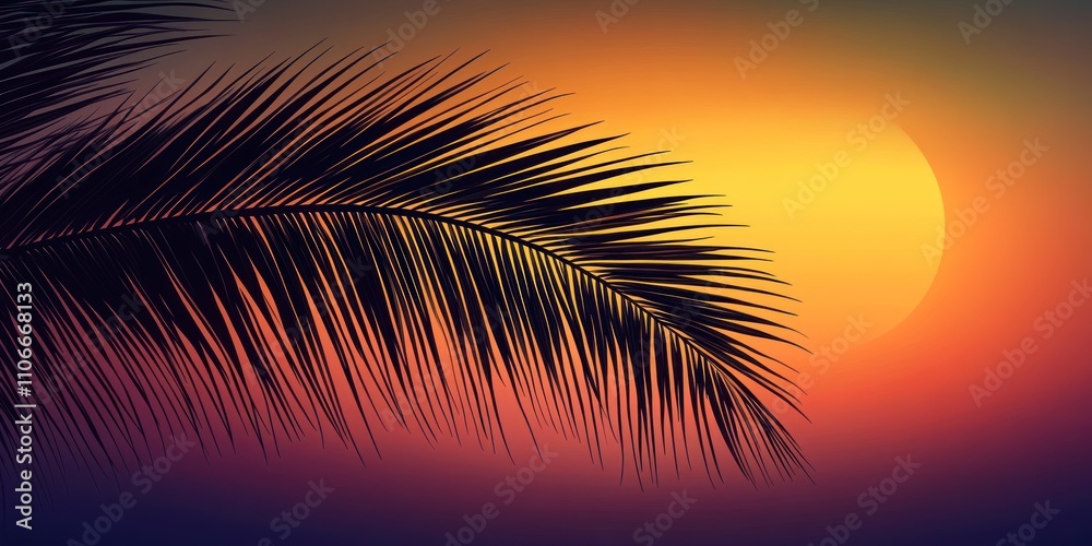 A serene sunset with a palm leaf silhouette against a vibrant sky. A serene sunset with a palm leaf silhouette against a vibrant sky.