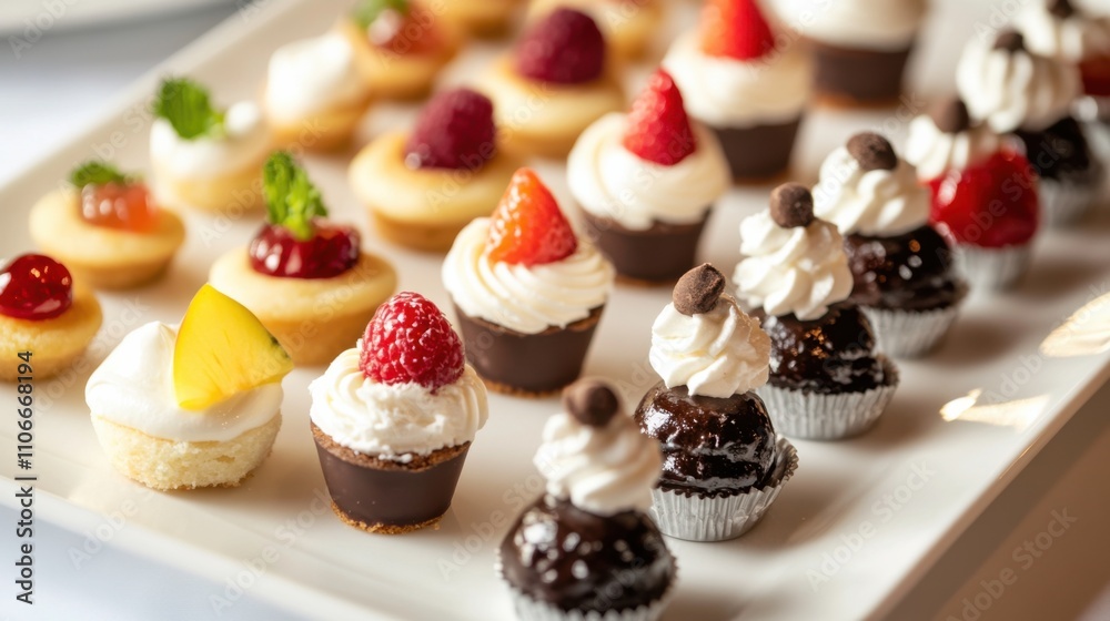 A platter of assorted mini desserts including cheesecake bites, chocolate truffles, and fruit tarts