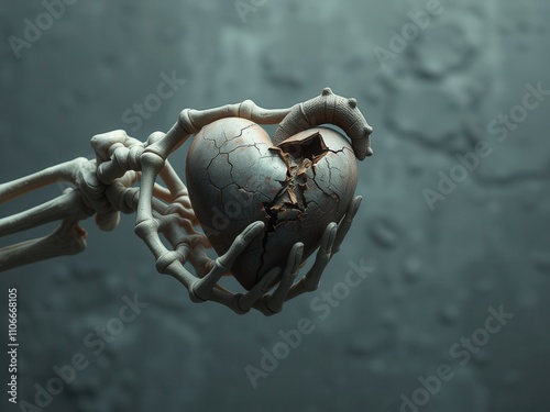 skeletal hand cradling a broken, cracked heart, protected vulnerability, gentle touch, gentle comfort., soothing grip photo