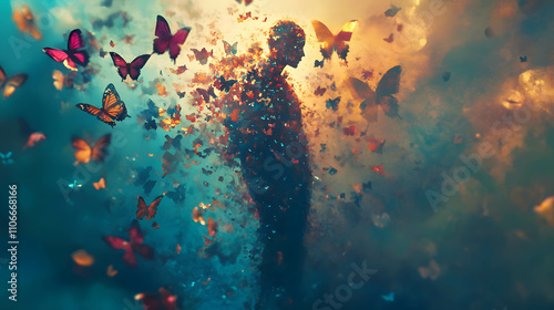Surreal Figure Dissolving into Butterflies