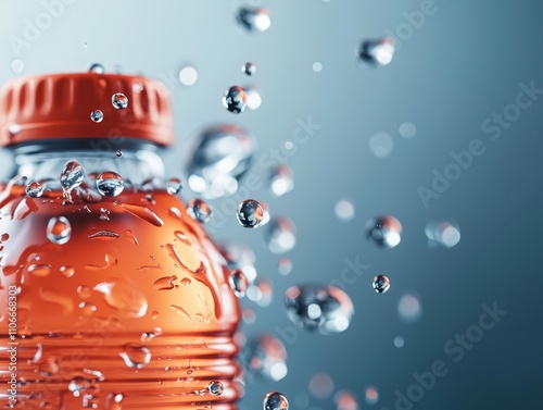 Close-up of liquid droplets from a sports drink bottle. photo