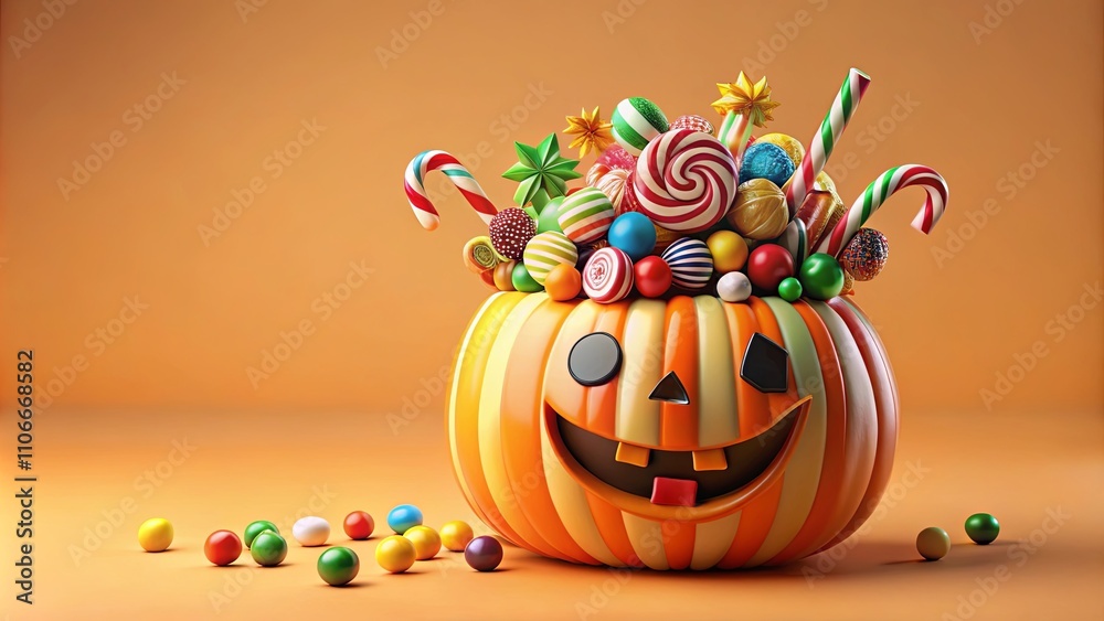 Fototapeta premium A smiling pumpkin overflowing with colorful candies, lollipops, and gum balls on an orange background.