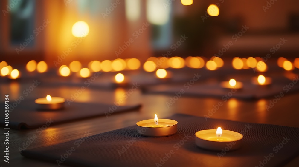 Lit candles on mats in a dimly lit room. Lit candles on mats in a dimly lit room.