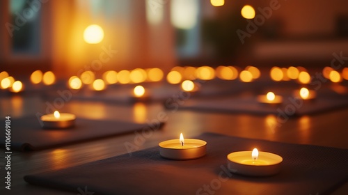 Lit candles on mats in a dimly lit room.