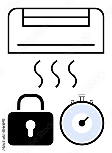 Air conditioner security lock timer and heat waves symbols. Ideal for temperature control, energy efficiency, security, timed operation, home appliances, smart home systems, comfort. Line metaphor