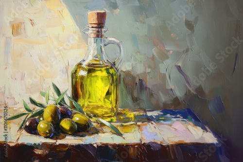 A painting of a bottle of olive oil and a bunch of olives