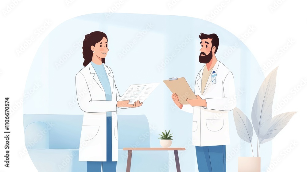 health risks symptoms immunity concept, A professional interaction between two healthcare workers discussing medical documents in a modern, bright office setting.