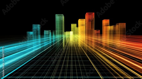 Futuristic City Skyline with Vibrant Colorful Lights and Grids