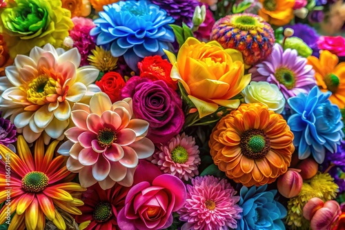 Vibrant Colorful Fake Flowers, Beautiful Floral Background, Plastic Flower Backdrop, Photorealistic AI Art