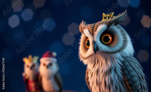 Owl wearing a crown, bokeh background, Christmas theme, festive mood, warm lighting, detailed feathers, vibrant colors, depth of field, 3D render.
 photo