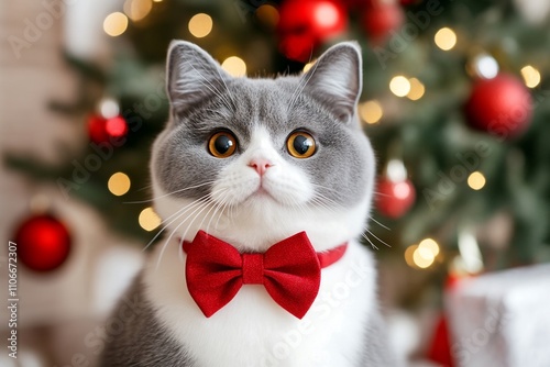 Festive Feline: A charming British Shorthair cat, adorned with a festive red bow tie, gazes inquisitively at the viewer, with a Christmas tree shimmering in the background.