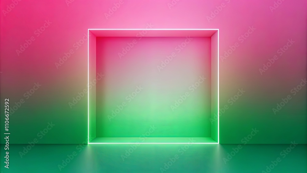 Abstract minimalist neon light glow in a square frame inside a pink and green gradient room with reflective floor Abstract minimalist neon light glow in a square frame inside a pink and green gradient room with reflective floor